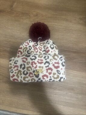 Nike Kids Leopard Pom Beanie in White, Burgundy, Tan, Black, Pink